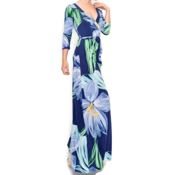 Janette Fashion Botanical Bloom Faux Wrap Maxi Dress - Picture 2 of 4
